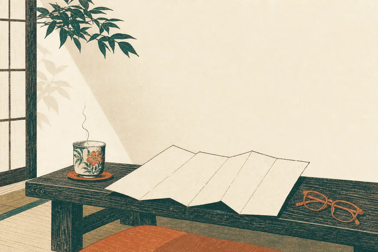 広げかけの地図と湯呑みと老眼鏡が置かれた木の机の版画風イラスト